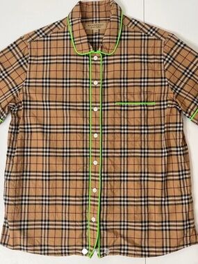 Burberry Tan Plaid Short Sleeve Button-Down with Neon Green Trim